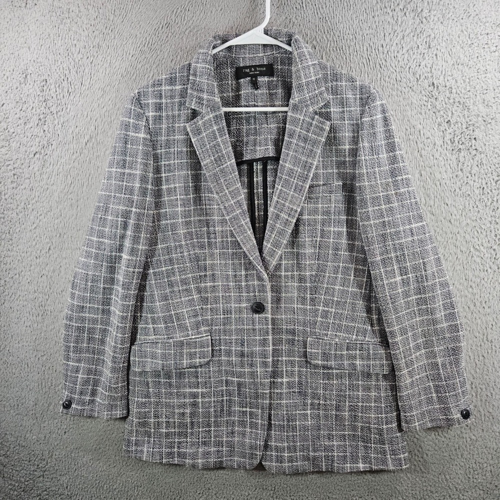Rag & Bone Womens Plaid Tweed Single Button Blazer Jacket Grey White Size 10